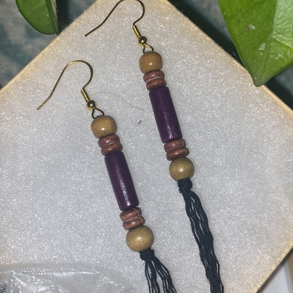 Purple theme Hand Crafted Macrame Tassel Fringe Earrings Wood Beaded Accents - Picture 4 of 11